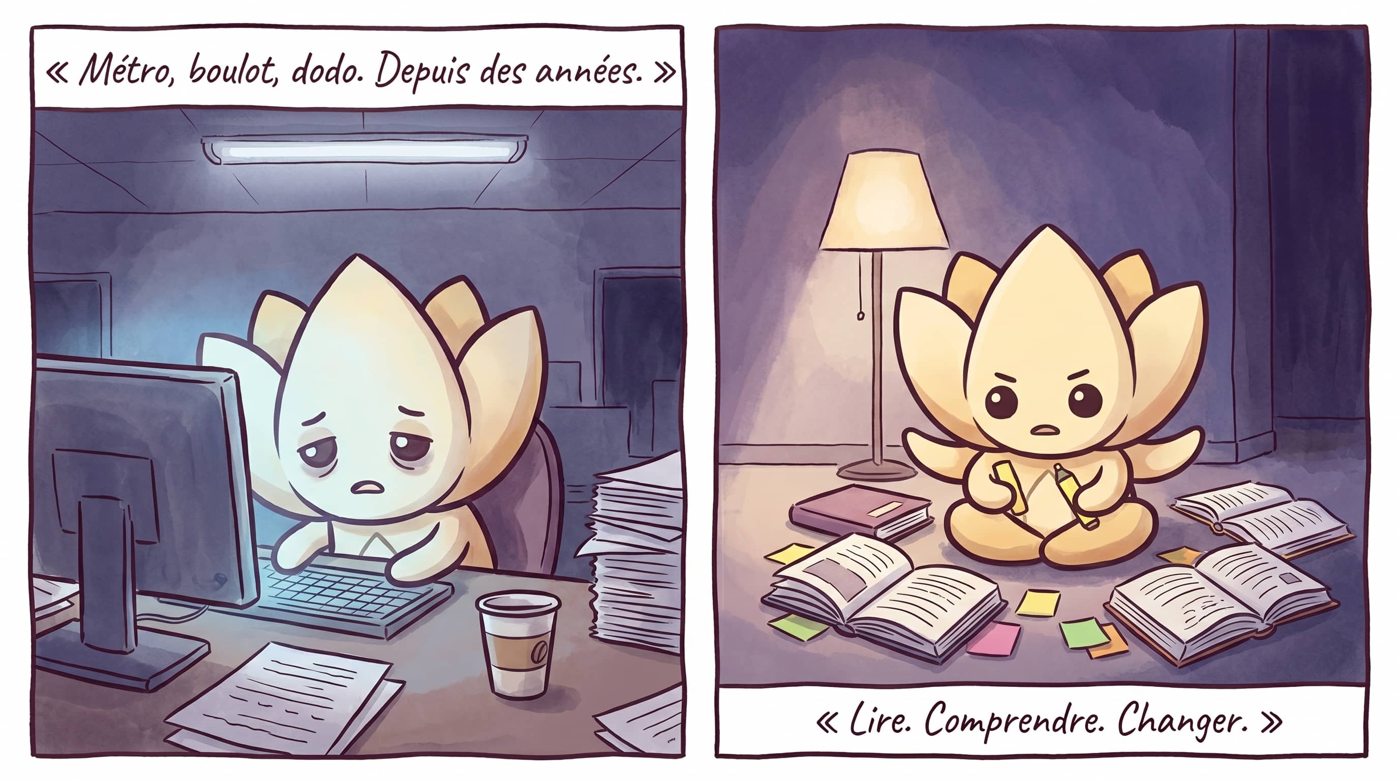 Lotus exténué devant son écran au bureau ; Lotus entouré de livres de développement personnel.