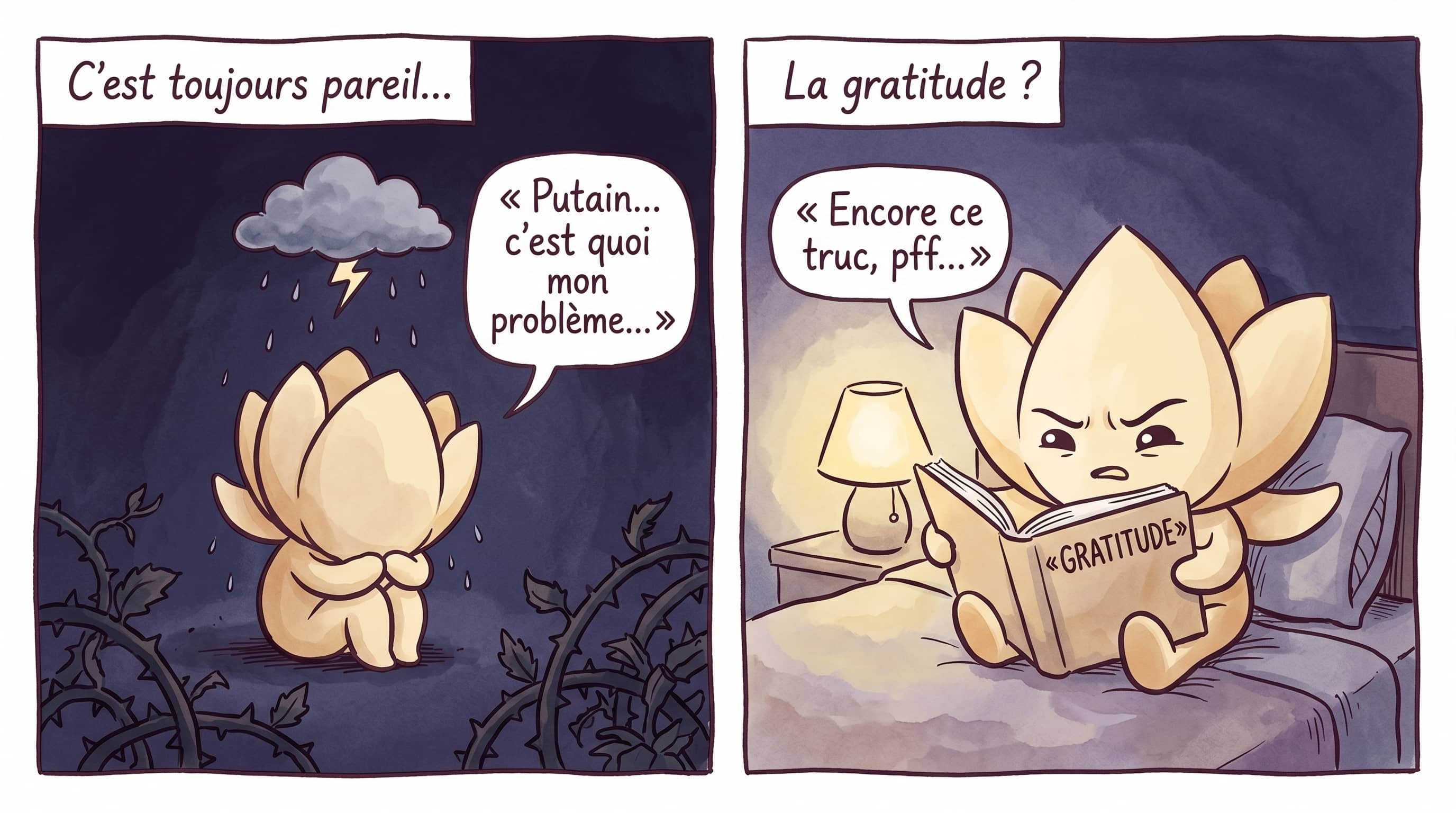 Lotus recroquevillé dans le noir, des ronces autour ; Lotus dubitatif devant le mot « gratitude » dans un livre.