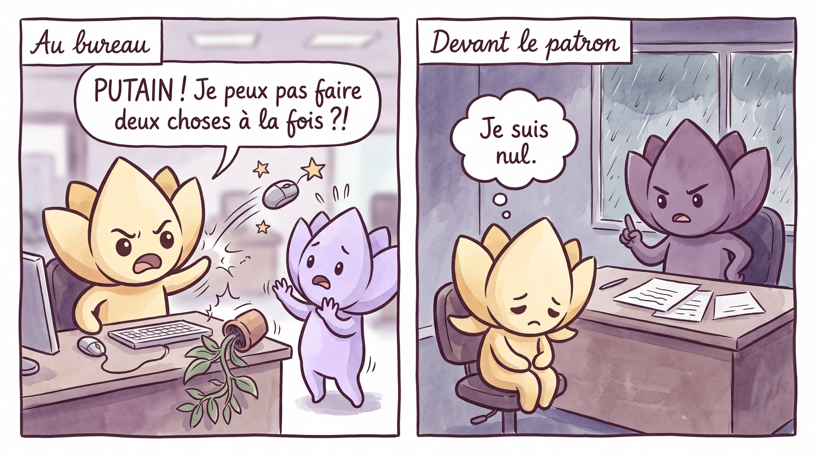 Lotus s’énerve contre un collègue au bureau ; Lotus écrasé par les reproches de son patron.