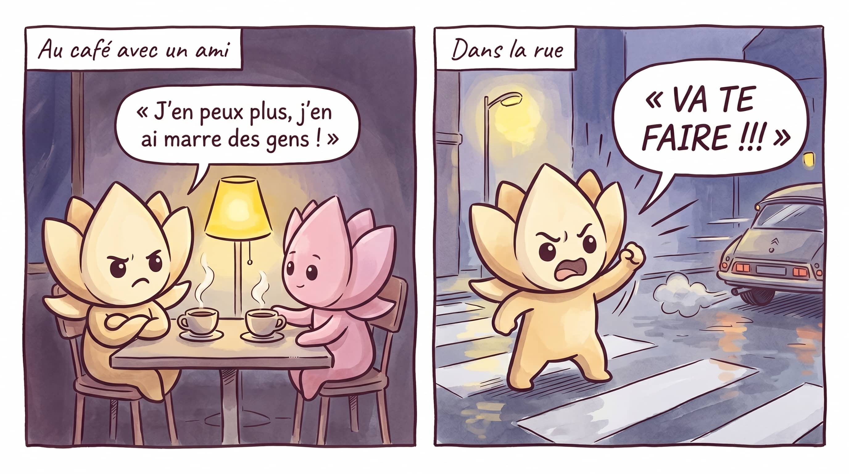 Lotus repousse une amie qui voulait l’aider au café ; Lotus furieux contre un automobiliste dans la rue.