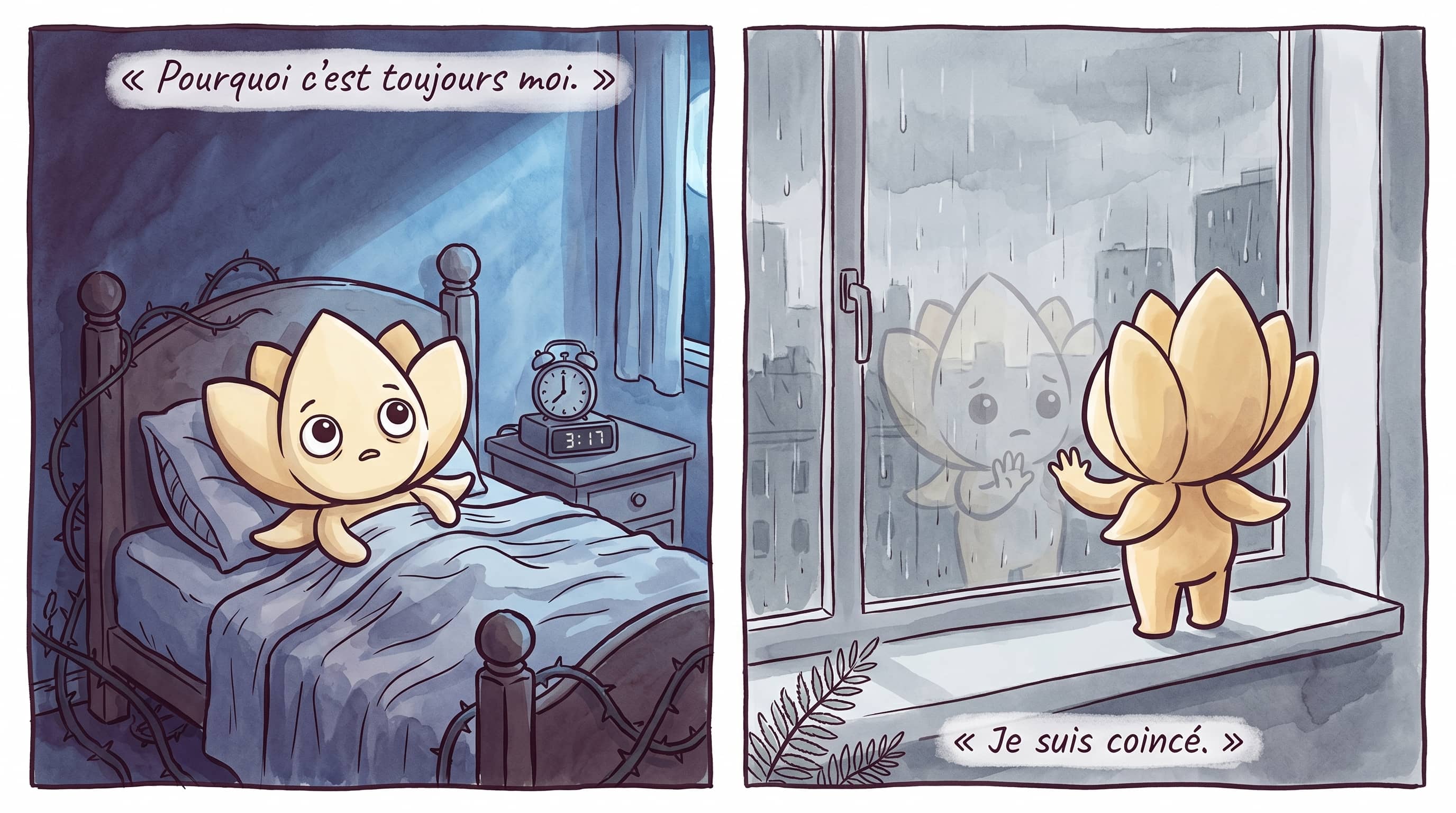 Lotus insomniaque dans son lit à 3 heures du matin ; Lotus à la fenêtre, abattu, sous une pluie grise.