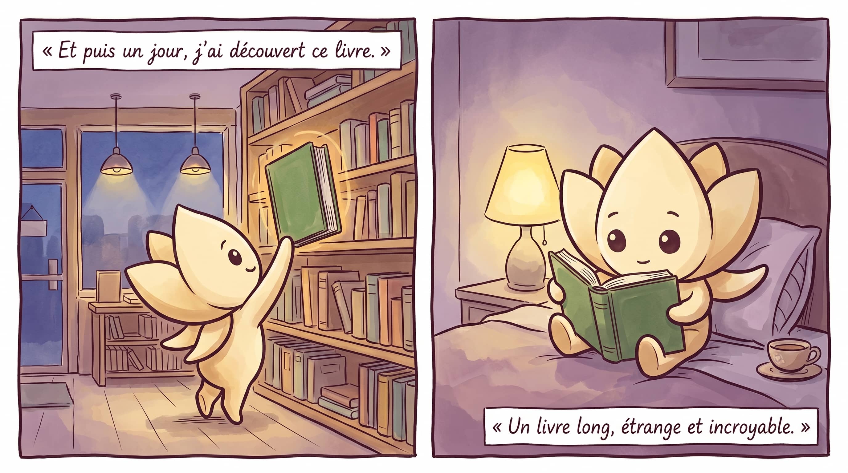 Lotus découvre un livre dans une librairie ; Lotus dévore ce livre dans son lit.