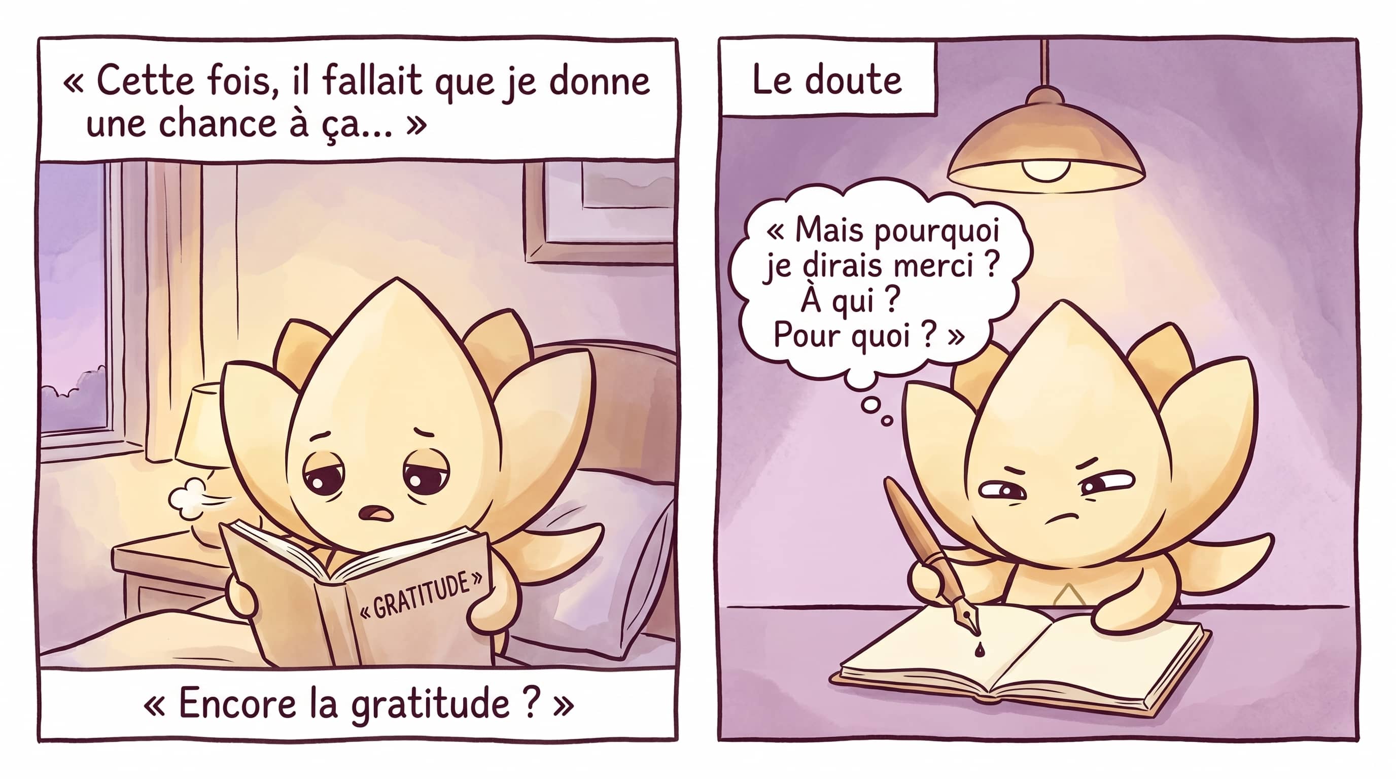 Lotus lit pour la énième fois le mot « gratitude » ; Lotus, hésitant, prend une plume pour écrire.