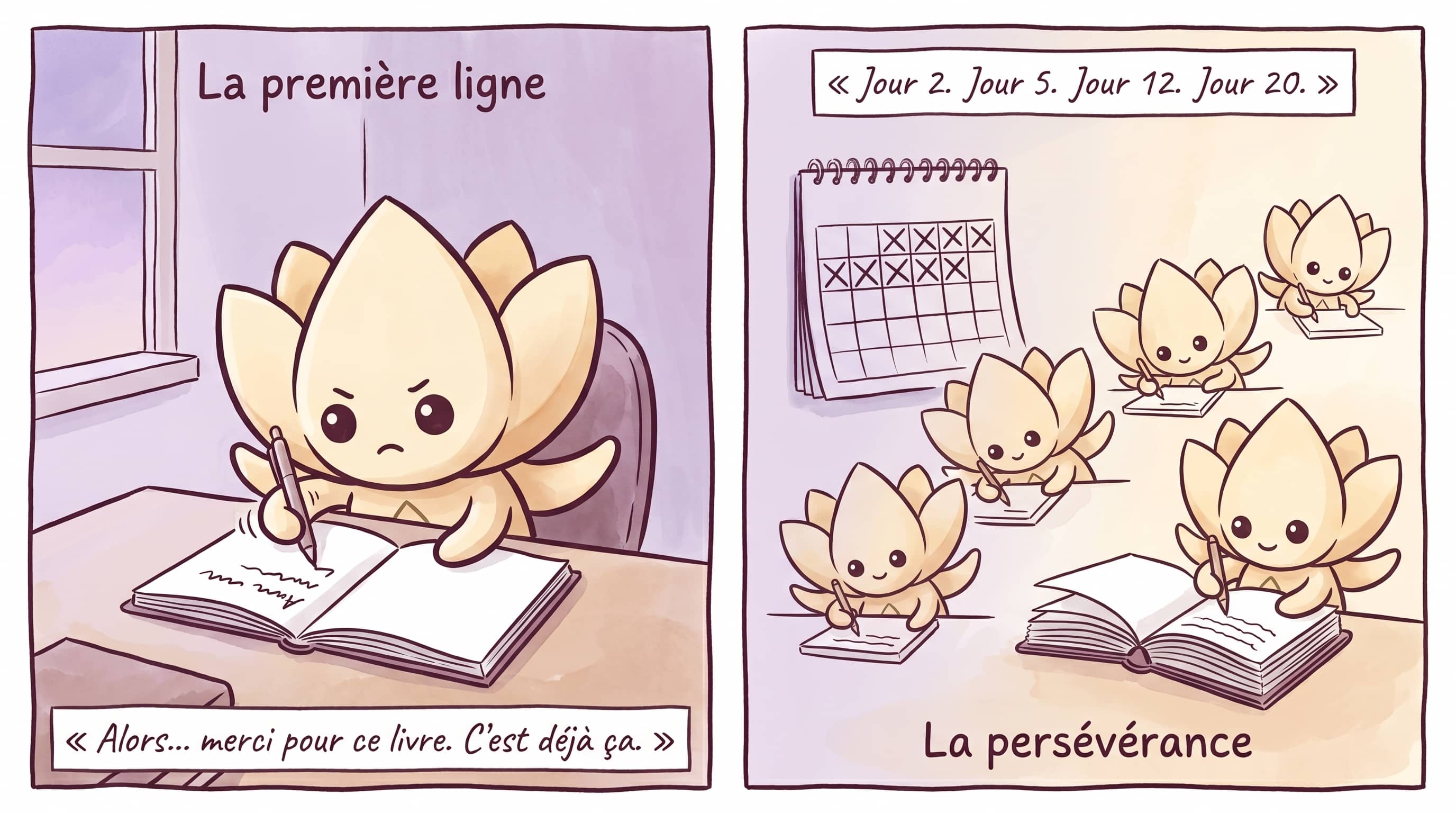 Lotus écrit avec effort sa toute première phrase de gratitude ; Lotus persévère jour après jour.