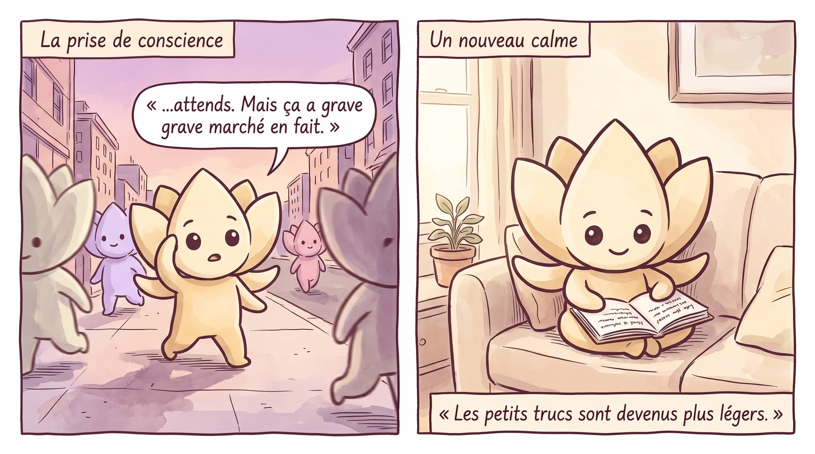 Lotus s’arrête net dans la rue, réalisant que sa vie a changé ; Lotus écrit sereinement sur son canapé.