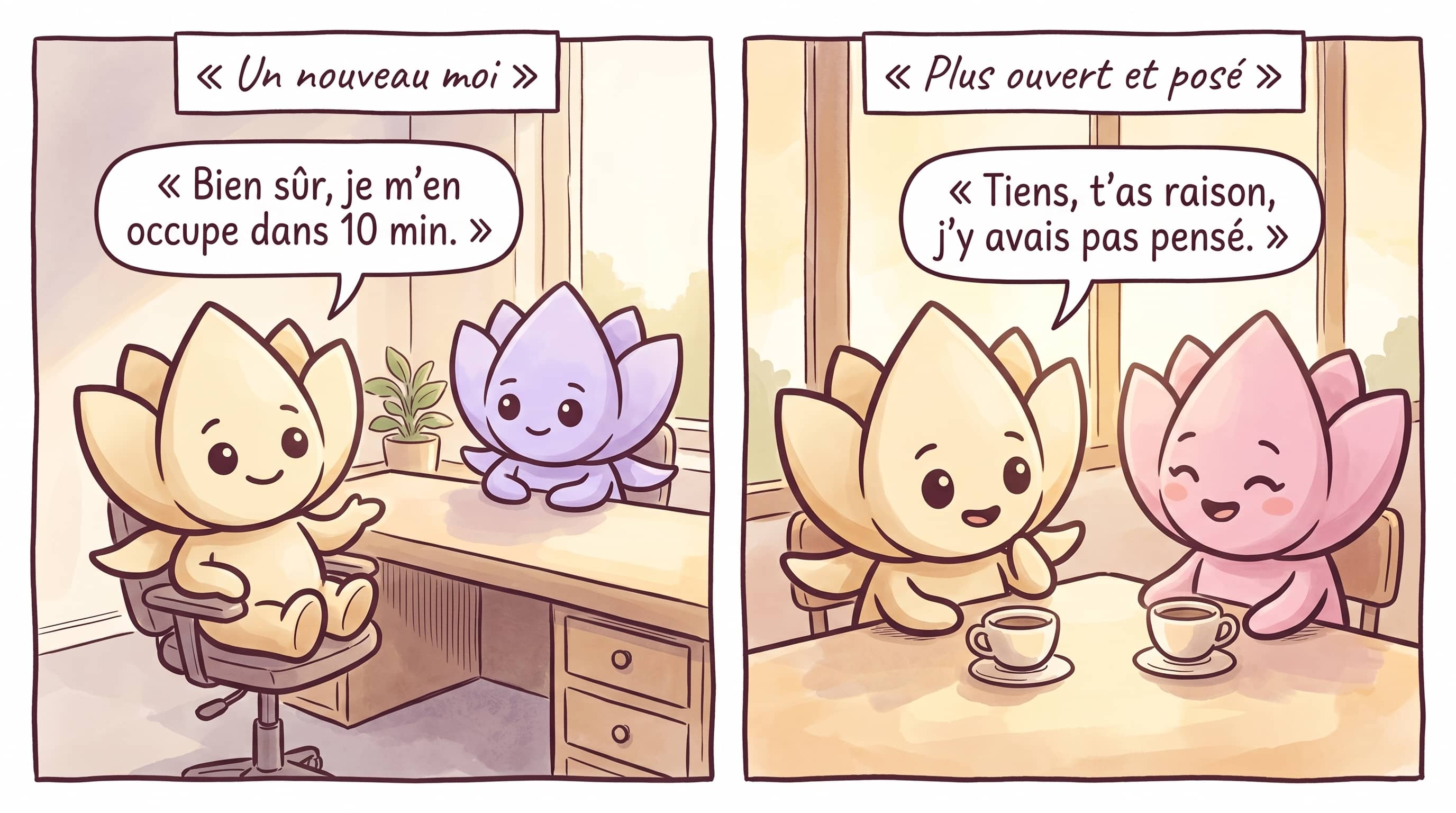 Lotus répond calmement à son collègue ; Lotus écoute vraiment son amie au café.