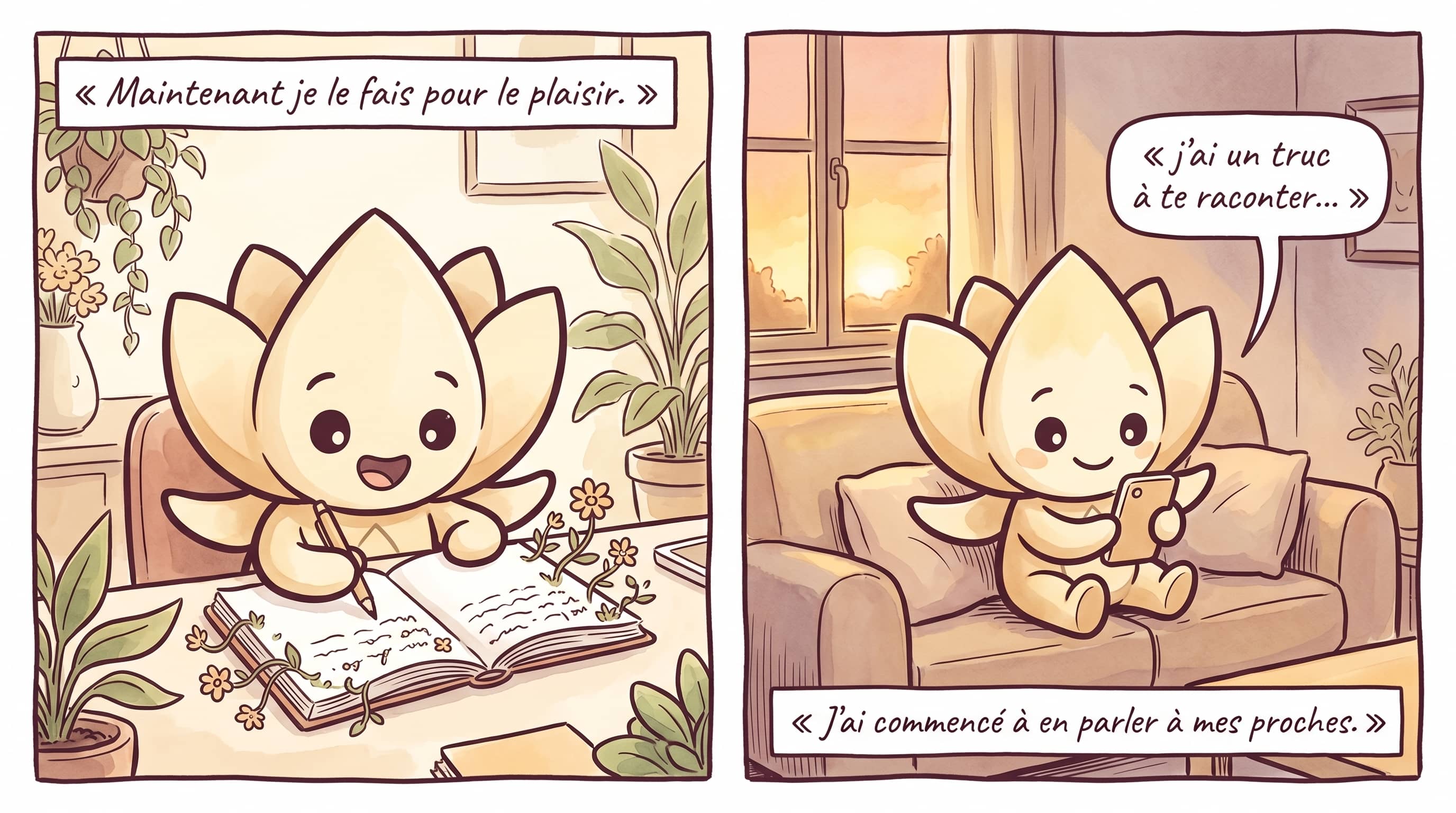 Lotus écrit avec joie, des fleurs poussent dans son carnet ; Lotus partage son histoire par message.