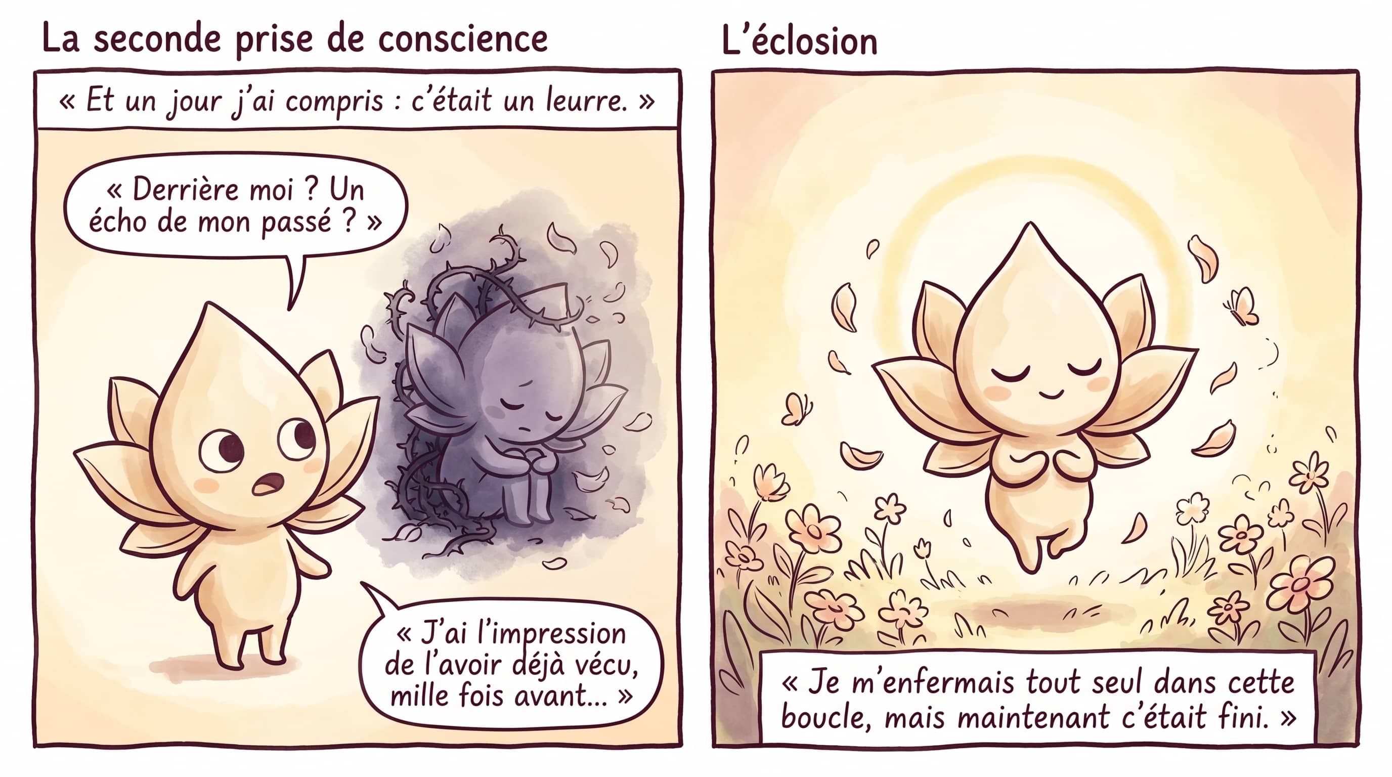 Lotus regarde son passé sombre se dissoudre en pétales ; Lotus en lévitation, entouré de fleurs, dans un jardin lumineux.