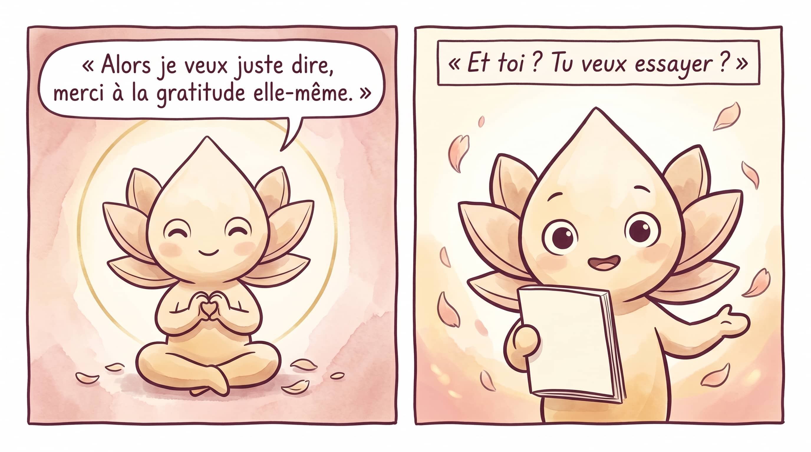 Lotus, mains au cœur, remercie la gratitude elle-même ; Lotus tend son carnet vers toi, en invitation.