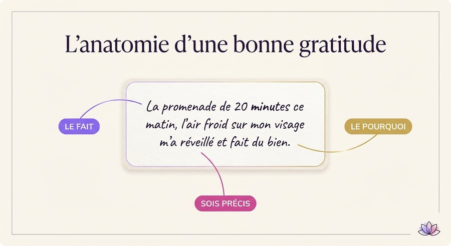 Schéma illustré des bienfaits de la gratitude sur l'humeur, le sommeil, les relations et le corps