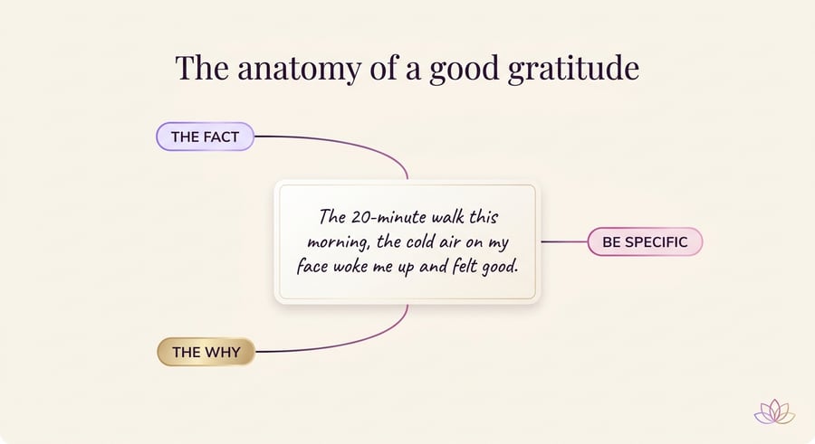 Diagram of the anatomy of a good gratitude entry: the fact, be specific, the why