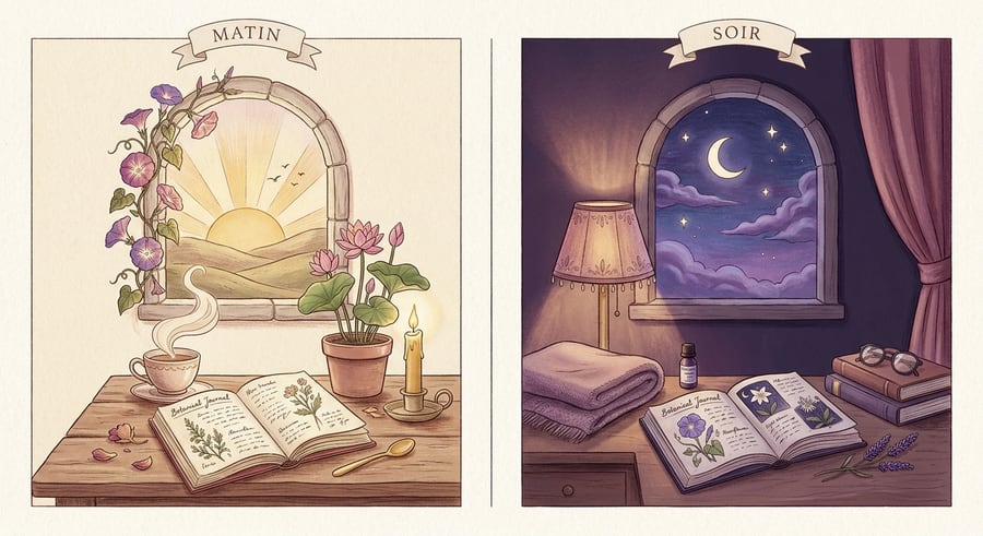 Illustration de la gratitude le matin (lever de soleil, thé, lotus) et le soir (lampe de chevet, lune)