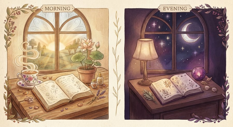 Illustration of morning gratitude (sunrise, tea, lotus) and evening gratitude (bedside lamp, moon)