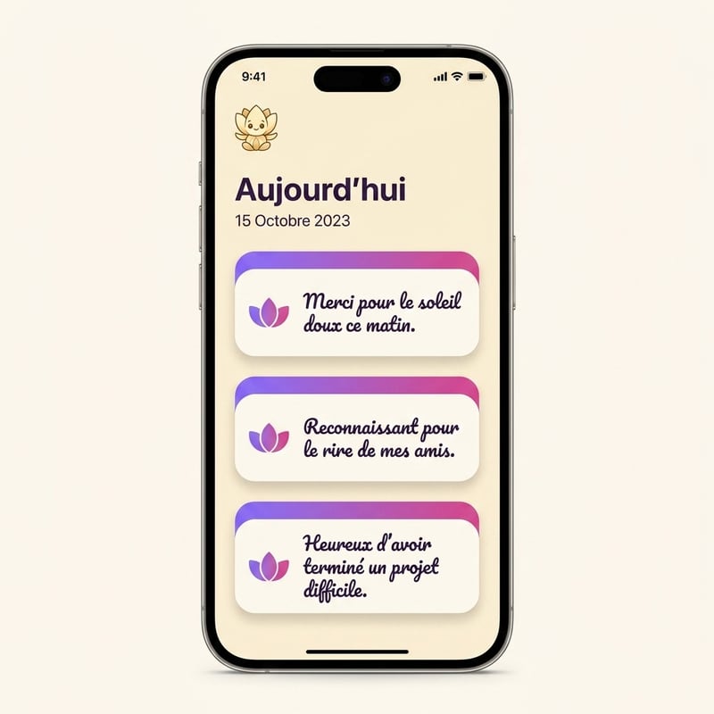 Écran du journal de l'application Lotus avec les trois gratitudes du jour